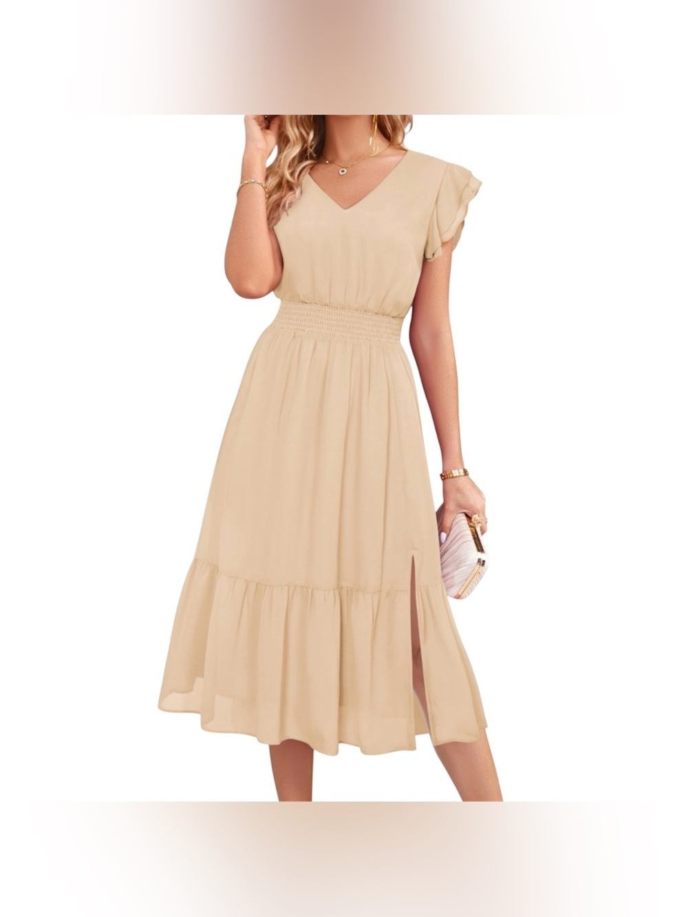 Grace Karin Beige V-Neck Midi Dress with Smocked Waist Sz/XL NWT